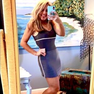 1980’s Gideon Oberson, Amazing Swimsuit and Skirt, Shimmer Silver w/Piping. Wow!